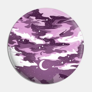 Pink cloudy sky above mountains with a crescent moon Pin