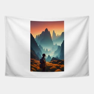 A Girl in Mountain Range at Sunset Anime Landscape Tapestry