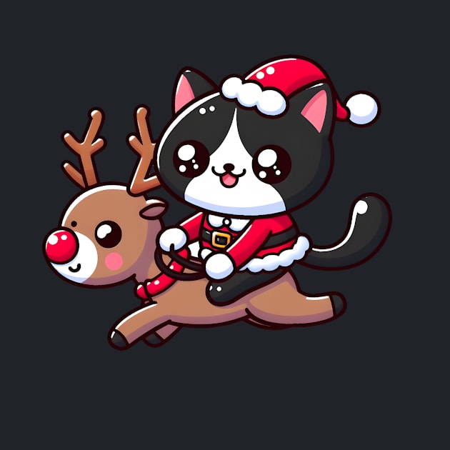 Tuxedo cat in santa costume, riding a reindeer by SergioCoelho_Arts