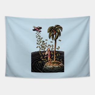 Airplane Drops Money on Desert Island Tapestry