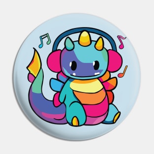 Happy dragon or dinosaur with headphones Pin