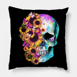 tatoo skull flowers sunflowers design art illustration Pillow