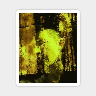 Portrait, digital collage and special processing. Masterpiece. Man looking to car window, reflection. Autumn, bright yellow sun. Magnet