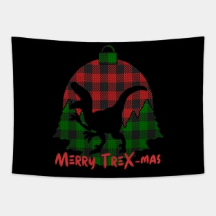 Merry T-Rex-Mas - Dinosaur Funny Holiday with Plaid Tyrannosaurus Rex Tapestry