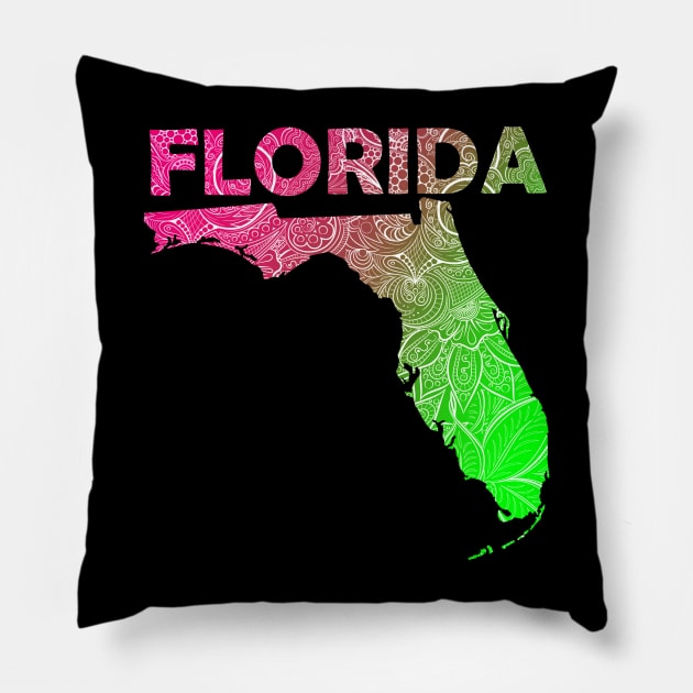 Colorful mandala art map of Florida with text in pink and green Pillow by Happy Citizen