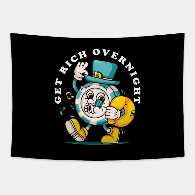 Get rich overnight, poker chip coin mascot character with a hat carrying a bag of money Tapestry by Vyndesign