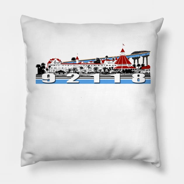 Coronado Hotel Del and San Diego Bridge 92118 Pillow by ArtNuggets4U