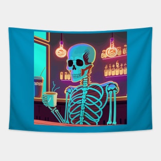 Neon skeleton drinking coffee Tapestry