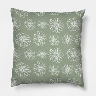 Green Sage Line Art Daisy Flowers Pattern Pillow