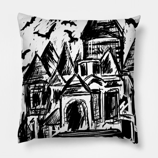 Haunted House Horror Gothic Bat Victorian Mansion Pillow by LunaElizabeth