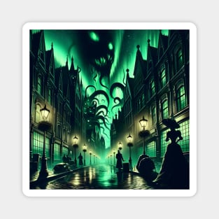 A Victorian city street where shadows turn into monstrous forms under a green sky Magnet