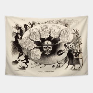 MODERN ARTIST PALETTE WITH SKULL Allegorical Drawing in Black White Tapestry