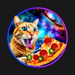 Funny Orange Cat eating Pizza in Space T-Shirt