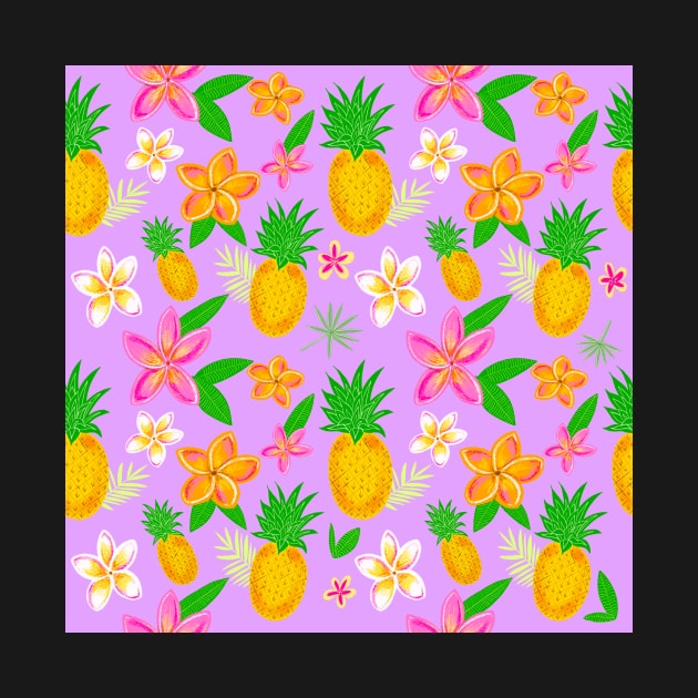 Tropical pineapple print with plumeria flowers. by Papergrape