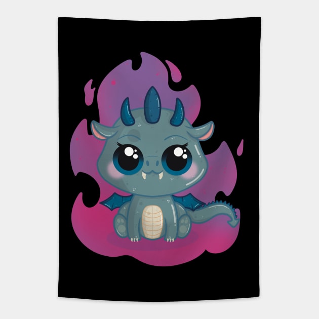 Cute Little Baby Dragon with Pinkish Flames Tapestry by LittleBearBlue