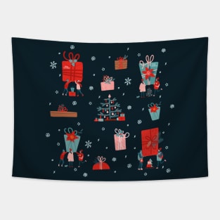 Festive Christmas pattern illustration: people, kindness, gifts, snow and Christmas tree Tapestry