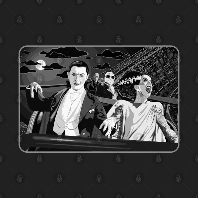 Ups & Downs (B&W) (Universal Monsters on Roller Coaster) by PlaidDesign