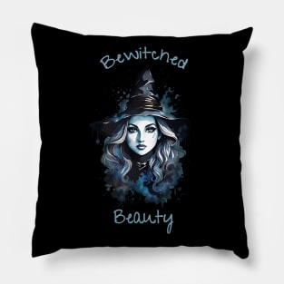Bewitched Beauty, witch and cat for cute Halloween, purple roses,scary, spooky gothic floral lady Pillow