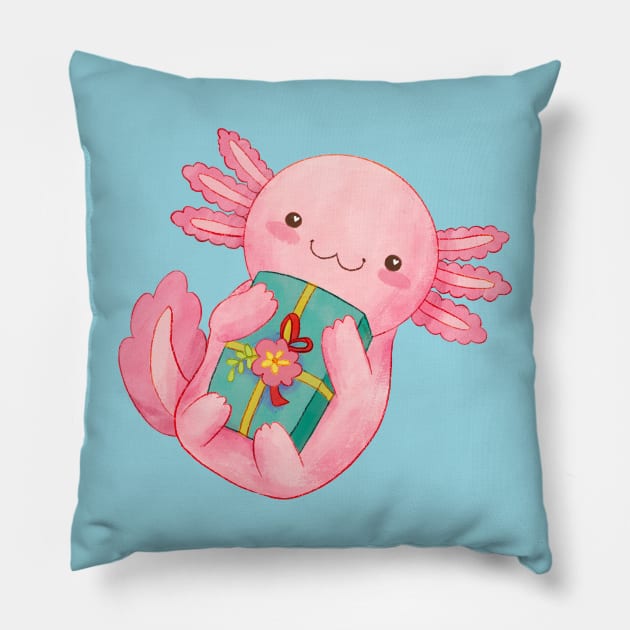 Axolotl Giving Gift Pillow by sketchcadet