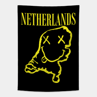 Vibrant The Netherlands: Unleash Your 90s Grunge Spirit! Smiling Squiggly Mouth Dazed Smiley Face Tapestry