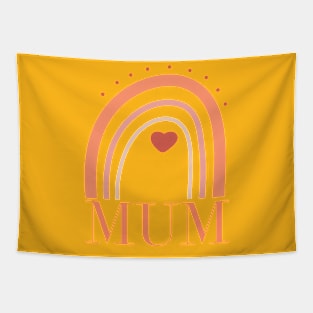 Colorful rainbow illustration celebrating Mum with heart emblem Tapestry