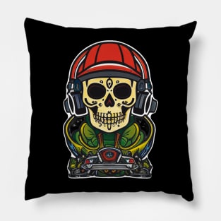 Pulsating Beats: Sugar Skull Art - Skeleton DJ Spinning Tunes with Headphones and Turntable Pillow