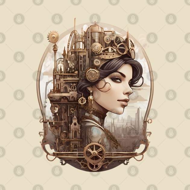 Vintage steampunk-inspired city skyline by LuminaCanvas