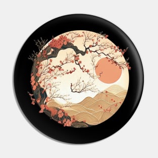 Japanese Style Art: Mountain and Floral View Pin