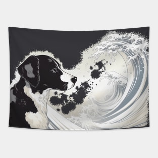 Black and white Dog in Kanagawa Waves Tapestry