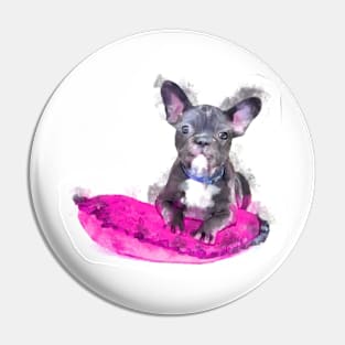 Cute Black And White Bulldog Puppy On A Pink Cusion Digital Portrait Pin