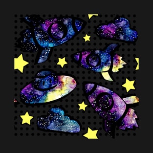 Watercolor Rockets and Stars on Dotted Background T-Shirt