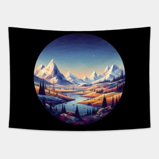 Low Poly Winter Mountain Forest with Starry Sky Tapestry