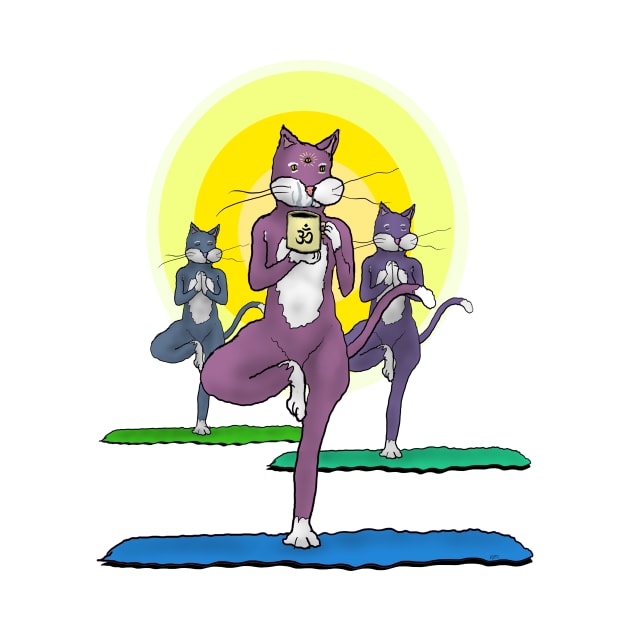 Yoga Cats and Coffee - Tree Pose - Third Eye Open - Funny Cartoon by davidscohen