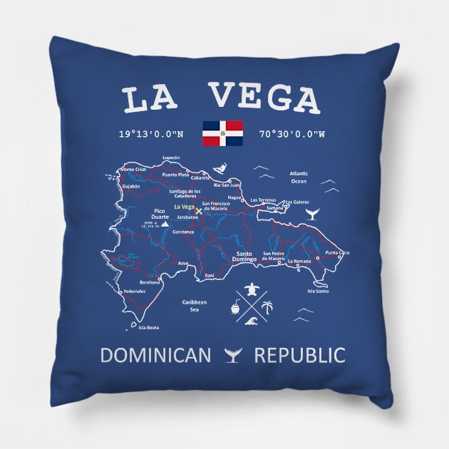 La Vega Dominican Republic Flag Travel Map Coordinates GPS Pillow by French Salsa