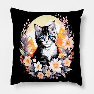 Black and Grey Kitten Surrounded by Spring Flowers Pillow