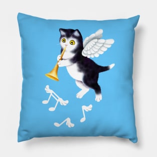 Black and White Cherub Kitten Playing a Horn Pillow