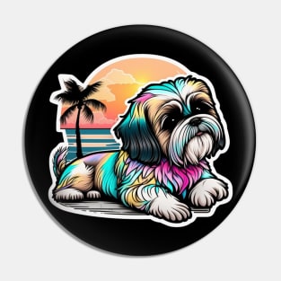 Retro Rainbow Shih Tzu Dog Beach Mom Lover Pin