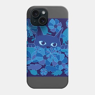 Blue Cat behind flowers Phone Case