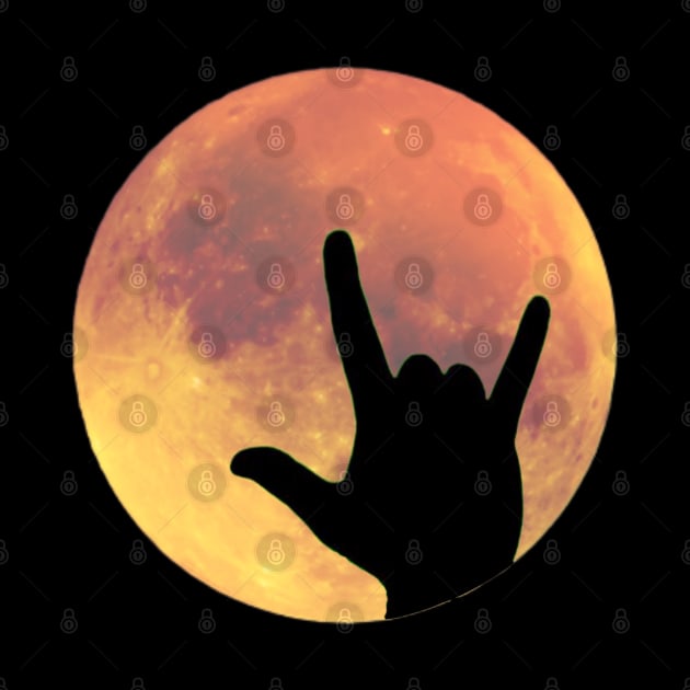 Full Moon with I Love You ASL Sign Language Hands Silhouette by Apathecary