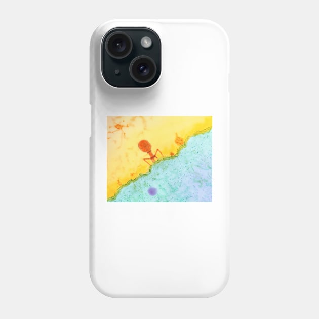 Coloured TEM of T4 bacteriophage infecting E. coli (M090/0075) Phone Case by SciencePhoto