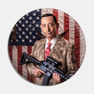 Pee Wee Herman with machine gun, USA flag behind Pin