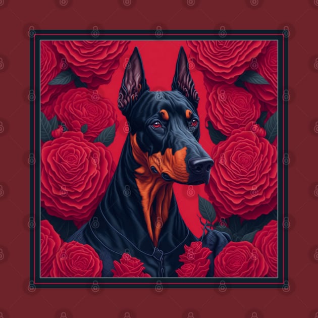 Dogs, doberman and flowers, dog, seamless print, style vector (red version 2 doberman) by xlhombat