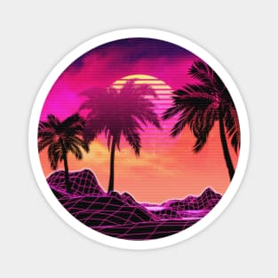 Pink vaporwave landscape with rocks and palms Magnet