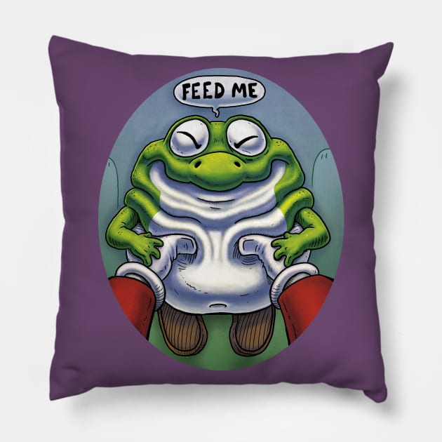 Hungry Baby Dinosaur sidekick. Feed Me. 16bit retro game Dino hero of Dinosaur Land. Pillow by JENNEX