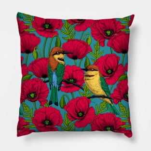 Bee eaters and poppies on orange 2 Pillow