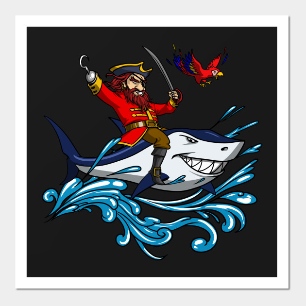 Pirate Riding Shark Funny Parrot Ocean Sailor Cartoon