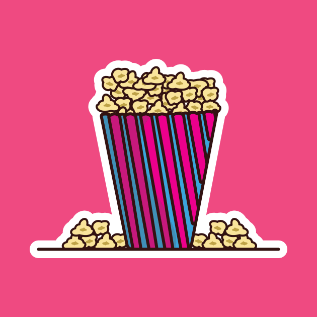 Popcorn In Popcorn Pack Sticker vector illustration. Movie cinema icon concept. Snack food. Big red blue strip box with popcorn sticker vector design with shadow. by AlviStudio