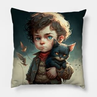 Young boy looking solemn as he holds his kitten. Pillow