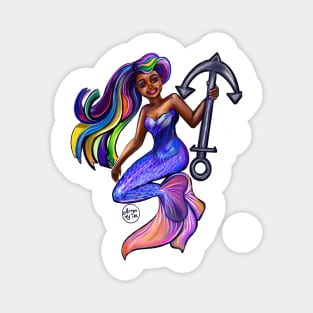 African American mermaid with flowing rainbow hair and anchor , brown eyes curly Afro hair and caramel brown skin Magnet