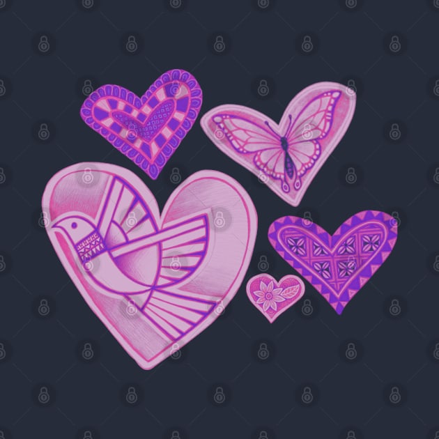 Love makes hearts take flight - dusky pink with purple by AprilAppleArt